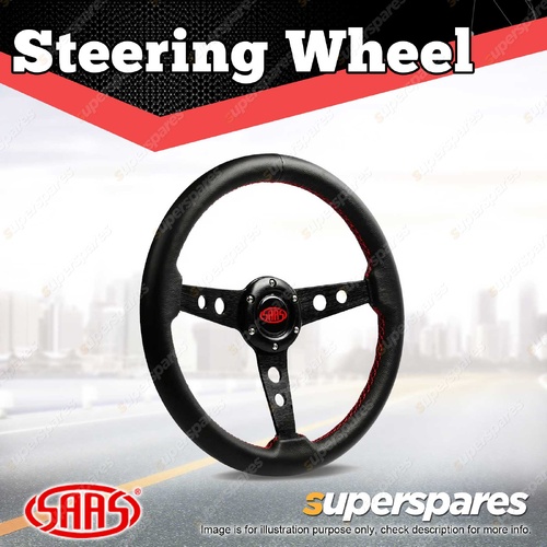 SAAS Steering Wheel 14 Inch Leather Retro Black Spoke Red Stitched Leather Grip
