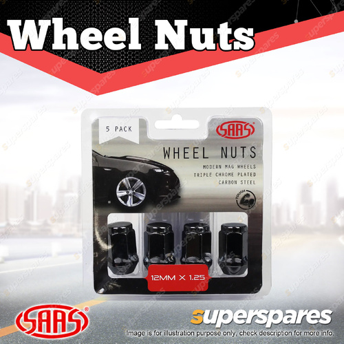 SAAS Wheel Nuts Flat Head Bulge 12 x 1.25 Black Finish 35mm Length Pack of 5