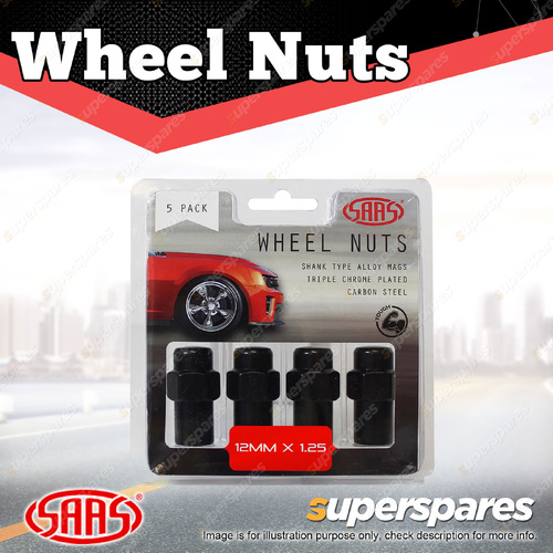 SAAS Wheel Nuts Mag 12 x 1.25 Black Finish 43mm Length - in a Pack of 5