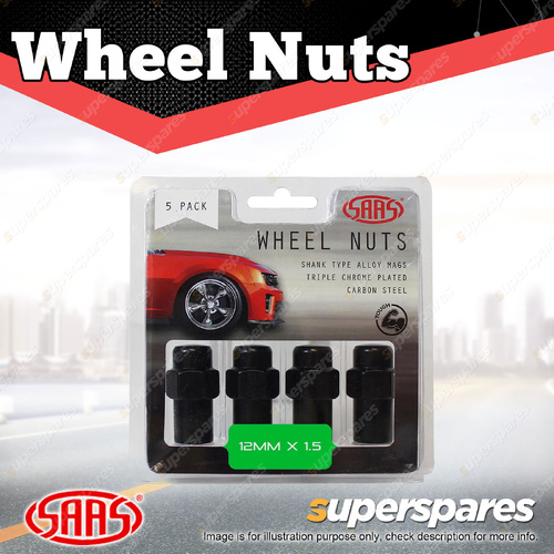 SAAS Wheel Nuts Mag 12 x 1.50 Black Finish 43mm Length - in a Pack of 5