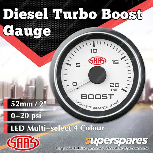 SAAS Turbo Boost Gauge Diesel 0-20 psi 52mm White Face Muscle Series