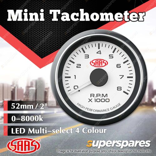 SAAS Tachometer 0-8K 52mm White Face Muscle Series 4 Colour Lighting