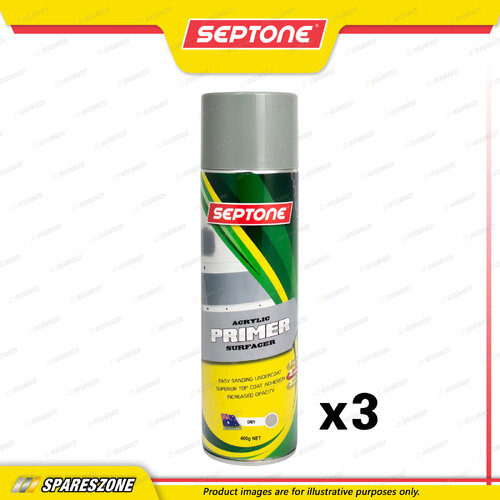 3 x Septone Acrylic Primer Surfacer Spray Paint Aerosol Grey 400 Gram