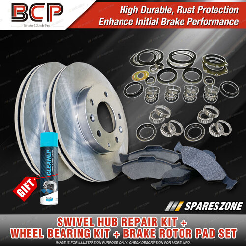 Swivel Hub & Wheel Bearing Kit + Brake Rotor Pad for Nissan Patrol GQ Y60 88-99