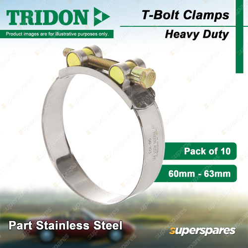Tridon T-Bolt Hose Clamps 60-63mm Heavy Duty Part 430 Stainless Steel Pack of 10