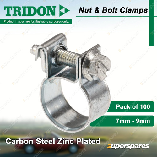 Tridon Nut & Bolt Hose Clamps 7mm - 9mm Carbon Steel Zinc Plated 100pcs