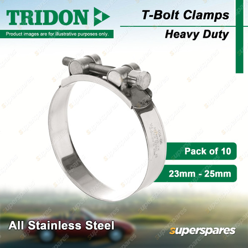 Tridon T-Bolt Hose Clamps 23-25mm Heavy Duty All 304 Stainless Steel Pack of 10